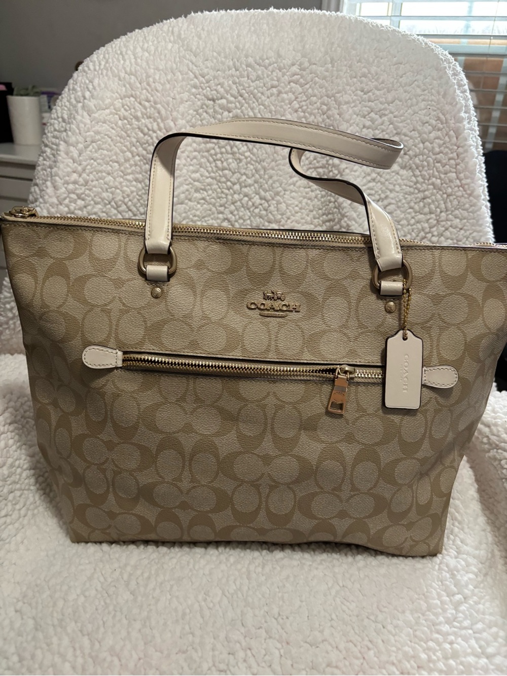 Coach Tan Signature Canvas Tote with Cream Leather Trim